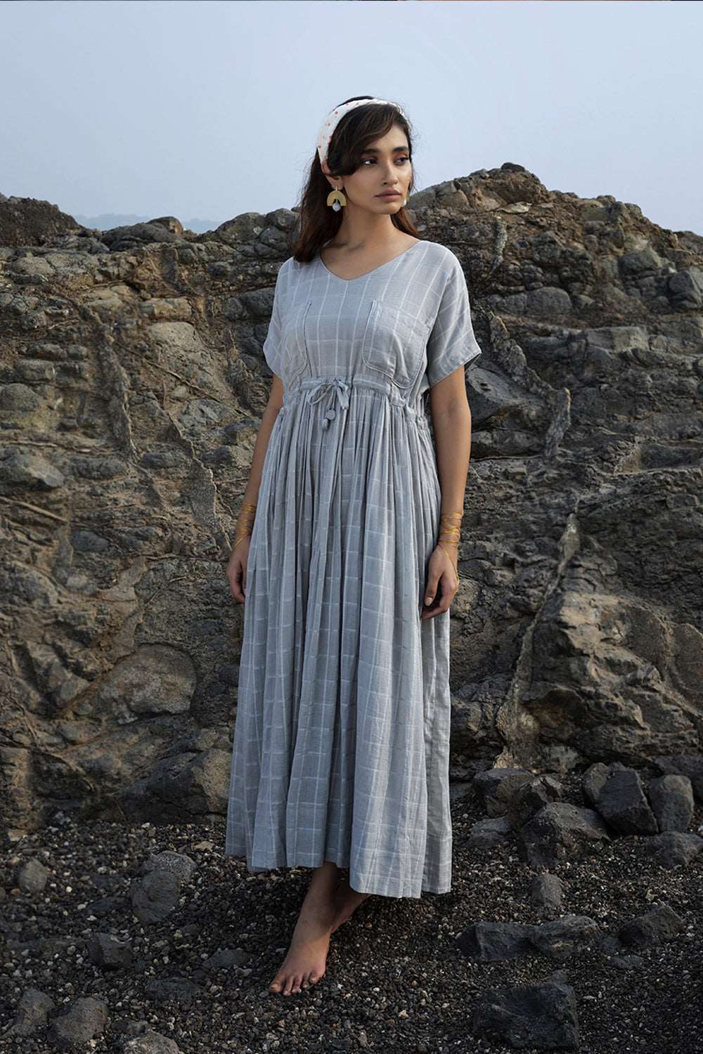 Full Length Free Size Grey Maxi Dress with Side Pockets and Drawstrings Sonal Kabra