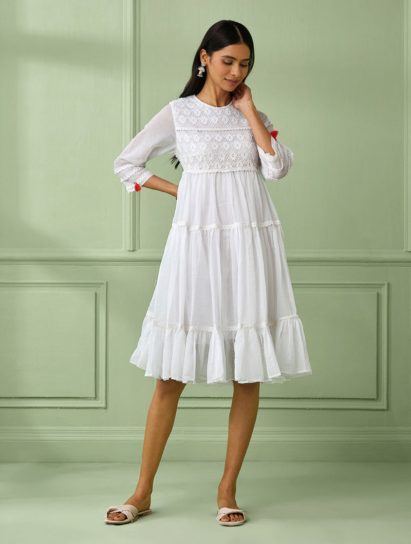 Ivory Knee Length Flowy Tiered Round Neck Dress For Women Perfect