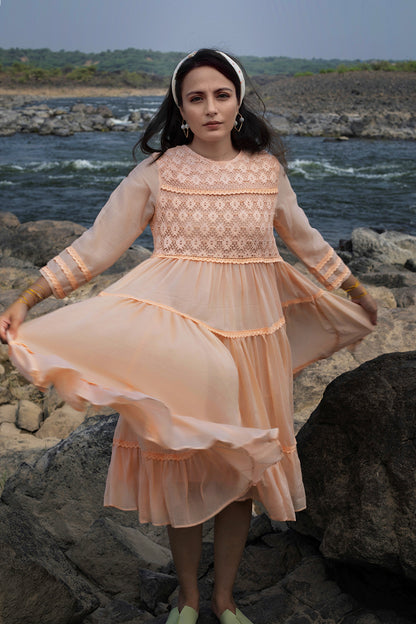 Peach Tiered Lace Dress