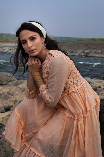 Peach Tiered Lace Dress