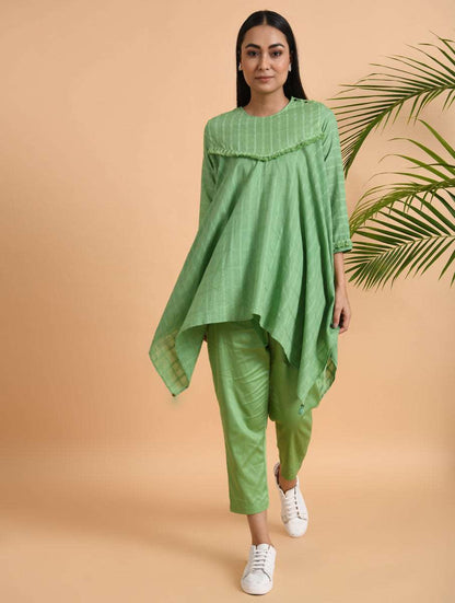 Green Asymmetrical Cotton Top with Tassels