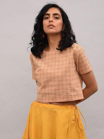 Beige Checkered Cotton Top - Sonal Kabra