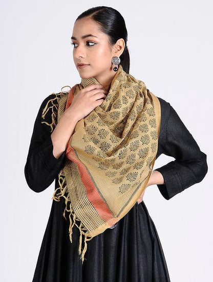 Black beige block printed stole