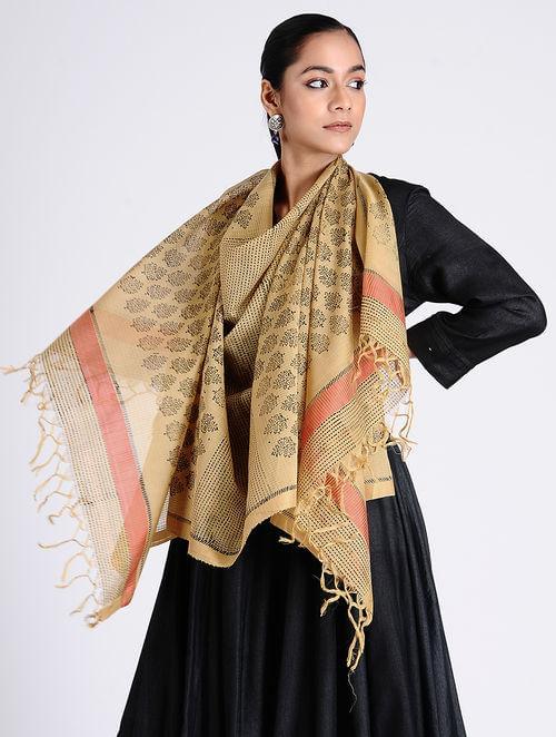 Black beige block printed stole