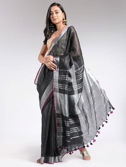 Black linen saree with pink silver border - Sonal Kabra