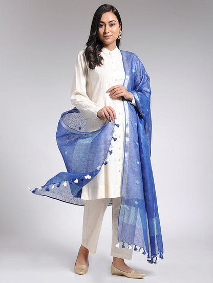 Blue linen dupatta with butties - Sonal Kabra