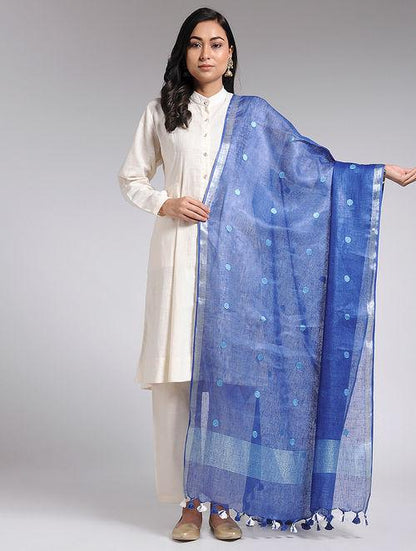 Blue linen dupatta with butties - Sonal Kabra