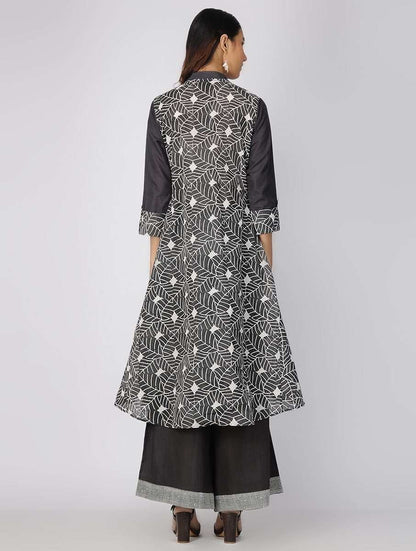 Charcoal leaf dress Jacket dress Sonal Kabra Sonal Kabra Buy Shop online premium luxury fashion clothing natural fabrics sustainable organic hand made handcrafted artisans craftsmen