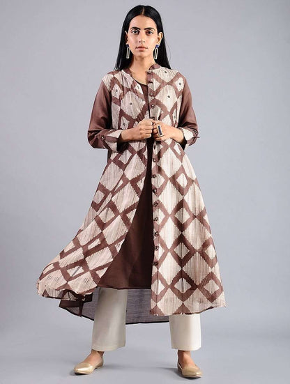 Diamond jacket dress in Brown (Set of 2) Jacket dress Sonal Kabra Sonal Kabra Buy Shop online premium luxury fashion clothing natural fabrics sustainable organic hand made handcrafted artisans craftsmen