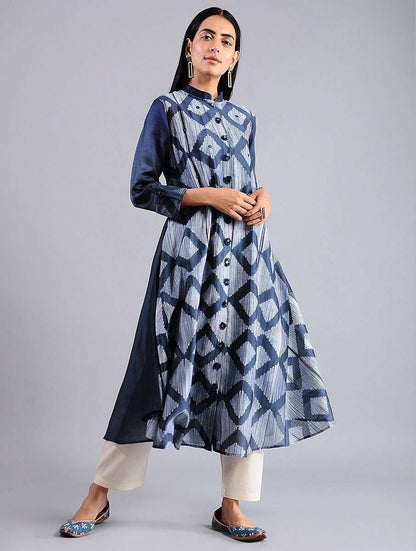 Diamond jacket dress in Indigo (Set of 2) Jacket dress Sonal Kabra Sonal Kabra Buy Shop online premium luxury fashion clothing natural fabrics sustainable organic hand made handcrafted artisans craftsmen