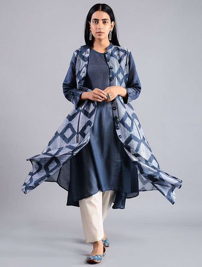 Diamond jacket dress in Indigo (Set of 2) Jacket dress Sonal Kabra Sonal Kabra Buy Shop online premium luxury fashion clothing natural fabrics sustainable organic hand made handcrafted artisans craftsmen