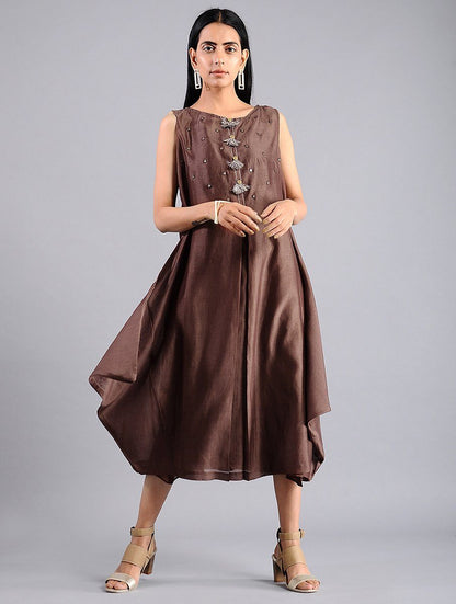 Drape dress - Brown (Set of 2) Dress Sonal Kabra Sonal Kabra Buy Shop online premium luxury fashion clothing natural fabrics sustainable organic hand made handcrafted artisans craftsmen