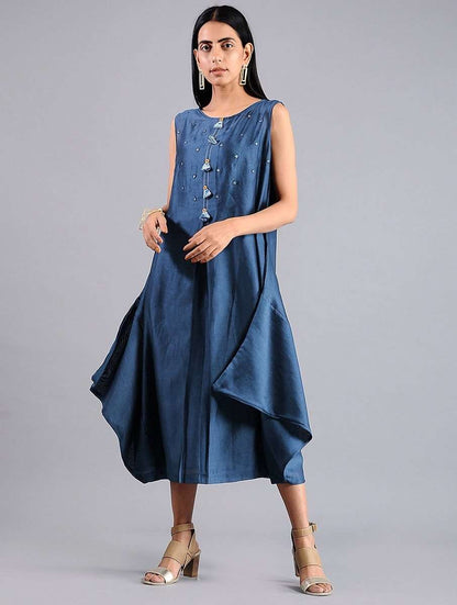 Drape dress - Indigo (Set of 2) Dress Sonal Kabra Sonal Kabra Buy Shop online premium luxury fashion clothing natural fabrics sustainable organic hand made handcrafted artisans craftsmen