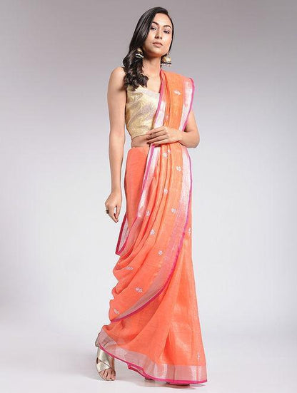 Bhagalpuri orange linen saree - Sonal Kabra