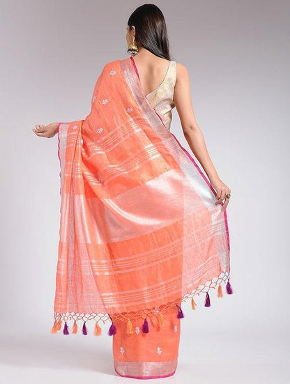 Bhagalpuri orange linen saree - Sonal Kabra