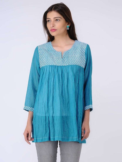 Gathered top - Blue Top The Neem Tree Sonal Kabra Buy Shop online premium luxury fashion clothing natural fabrics sustainable organic hand made handcrafted artisans craftsmen