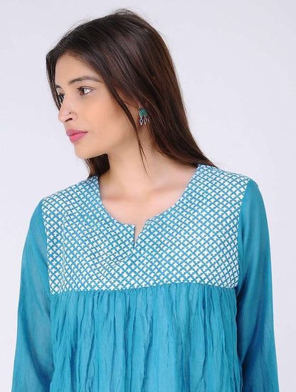 Gathered top - Blue Top The Neem Tree Sonal Kabra Buy Shop online premium luxury fashion clothing natural fabrics sustainable organic hand made handcrafted artisans craftsmen