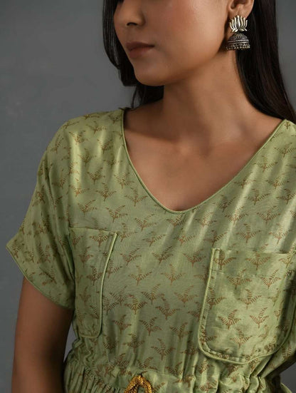 Green Block Printed Handwoven Chanderi Kurta Dress The Neem Tree Sonal Kabra Buy Shop online premium luxury fashion clothing natural fabrics sustainable organic hand made handcrafted artisans craftsmen