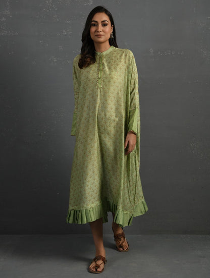 Green Block Printed Handwoven Chanderi Kurta Dress The Neem Tree Sonal Kabra Buy Shop online premium luxury fashion clothing natural fabrics sustainable organic hand made handcrafted artisans craftsmen