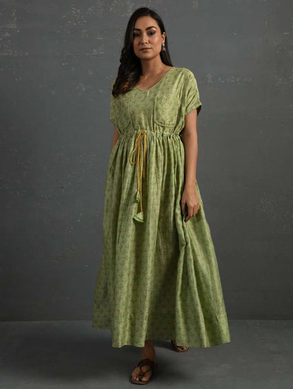 Green Block Printed Handwoven Chanderi Kurta Dress The Neem Tree Sonal Kabra Buy Shop online premium luxury fashion clothing natural fabrics sustainable organic hand made handcrafted artisans craftsmen