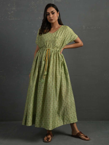 Green Block Printed Handwoven Chanderi Kurta Dress The Neem Tree Sonal Kabra Buy Shop online premium luxury fashion clothing natural fabrics sustainable organic hand made handcrafted artisans craftsmen