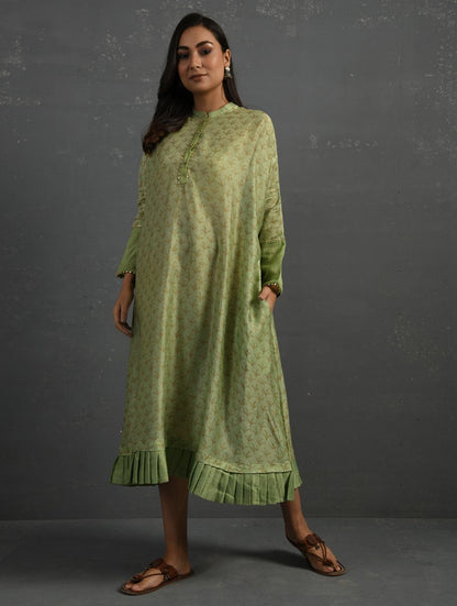 Green Block Printed Handwoven Chanderi Kurta Dress The Neem Tree Sonal Kabra Buy Shop online premium luxury fashion clothing natural fabrics sustainable organic hand made handcrafted artisans craftsmen