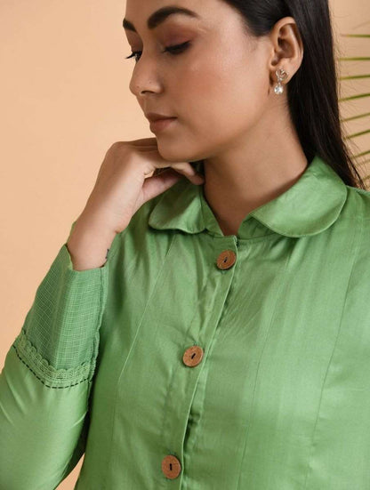 Green Box Pleat Cotton Silk Jacket Dress The Neem Tree Sonal Kabra Buy Shop online premium luxury fashion clothing natural fabrics sustainable organic hand made handcrafted artisans craftsmen