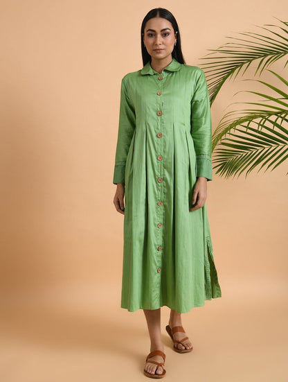 Green Box Pleat Cotton Silk Jacket Dress The Neem Tree Sonal Kabra Buy Shop online premium luxury fashion clothing natural fabrics sustainable organic hand made handcrafted artisans craftsmen