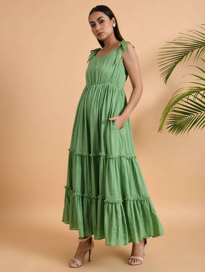 Green Cotton Maxi Dress Dress The Neem Tree Sonal Kabra Buy Shop online premium luxury fashion clothing natural fabrics sustainable organic hand made handcrafted artisans craftsmen