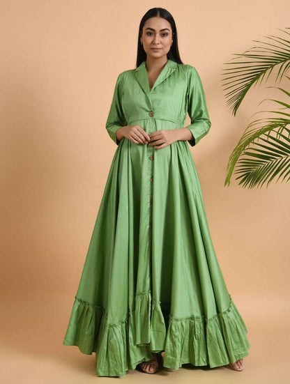 Green Cotton Silk Jacket Dress Dress The Neem Tree Sonal Kabra Buy Shop online premium luxury fashion clothing natural fabrics sustainable organic hand made handcrafted artisans craftsmen