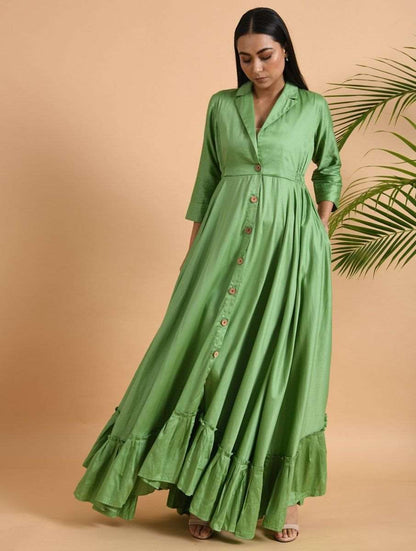 Green Cotton Silk Jacket Dress Dress The Neem Tree Sonal Kabra Buy Shop online premium luxury fashion clothing natural fabrics sustainable organic hand made handcrafted artisans craftsmen