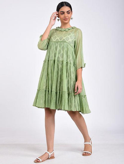 Green gather dress Dress The Neem Tree Sonal Kabra Buy Shop online premium luxury fashion clothing natural fabrics sustainable organic hand made handcrafted artisans craftsmen