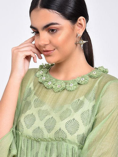 Green gather dress Dress The Neem Tree Sonal Kabra Buy Shop online premium luxury fashion clothing natural fabrics sustainable organic hand made handcrafted artisans craftsmen