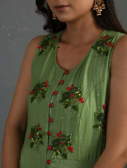 Green Hand Embroidered Sleeveless Kurta Kurta Sonal Kabra Sonal Kabra Buy Shop online premium luxury fashion clothing natural fabrics sustainable organic hand made handcrafted artisans craftsmen