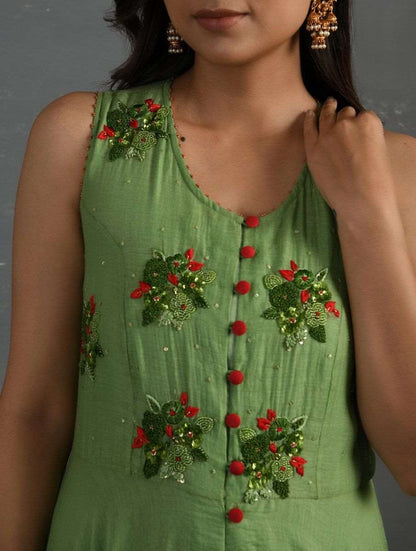 Green Hand Embroidered Sleeveless Kurta Kurta Sonal Kabra Sonal Kabra Buy Shop online premium luxury fashion clothing natural fabrics sustainable organic hand made handcrafted artisans craftsmen