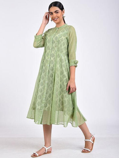 Green kali dress Jacket dress The Neem Tree Sonal Kabra Buy Shop online premium luxury fashion clothing natural fabrics sustainable organic hand made handcrafted artisans craftsmen