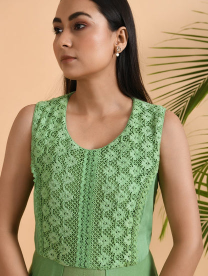 Green Lace Trimmed Double layered Dress Dress The Neem Tree Sonal Kabra Buy Shop online premium luxury fashion clothing natural fabrics sustainable organic hand made handcrafted artisans craftsmen