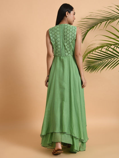 Green Lace Trimmed Double layered Dress Dress The Neem Tree Sonal Kabra Buy Shop online premium luxury fashion clothing natural fabrics sustainable organic hand made handcrafted artisans craftsmen