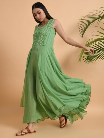 Green Lace Trimmed Double layered Dress Dress The Neem Tree Sonal Kabra Buy Shop online premium luxury fashion clothing natural fabrics sustainable organic hand made handcrafted artisans craftsmen