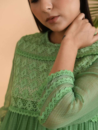 Green Lace Trimmed Kota Dress Dress The Neem Tree Sonal Kabra Buy Shop online premium luxury fashion clothing natural fabrics sustainable organic hand made handcrafted artisans craftsmen