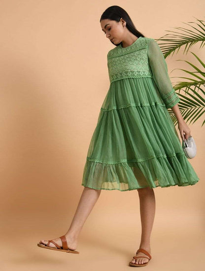 Green Lace Trimmed Kota Dress Dress The Neem Tree Sonal Kabra Buy Shop online premium luxury fashion clothing natural fabrics sustainable organic hand made handcrafted artisans craftsmen