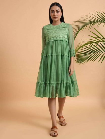 Green Lace Trimmed Kota Dress Dress The Neem Tree Sonal Kabra Buy Shop online premium luxury fashion clothing natural fabrics sustainable organic hand made handcrafted artisans craftsmen