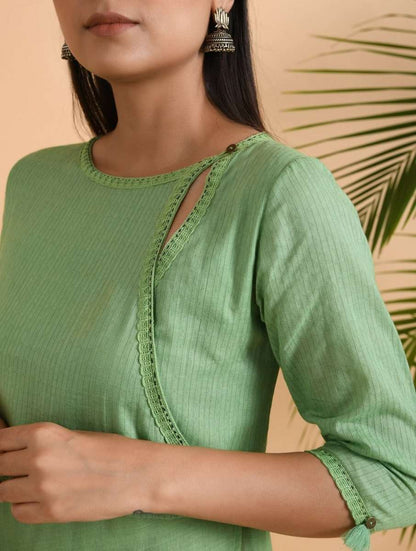 Green overlap drape dress Dress The Neem Tree Sonal Kabra Buy Shop online premium luxury fashion clothing natural fabrics sustainable organic hand made handcrafted artisans craftsmen