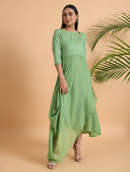 Green overlap drape dress Dress The Neem Tree Sonal Kabra Buy Shop online premium luxury fashion clothing natural fabrics sustainable organic hand made handcrafted artisans craftsmen