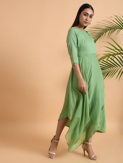 Green overlap drape dress Dress The Neem Tree Sonal Kabra Buy Shop online premium luxury fashion clothing natural fabrics sustainable organic hand made handcrafted artisans craftsmen