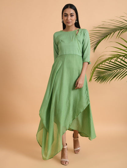 Green overlap drape dress Dress The Neem Tree Sonal Kabra Buy Shop online premium luxury fashion clothing natural fabrics sustainable organic hand made handcrafted artisans craftsmen