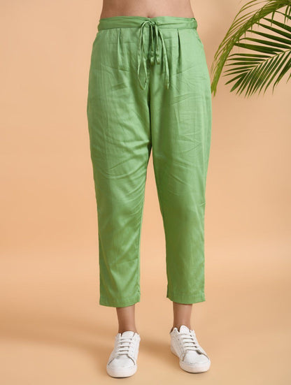 Green Pants Pants The Neem Tree Sonal Kabra Buy Shop online premium luxury fashion clothing natural fabrics sustainable organic hand made handcrafted artisans craftsmen