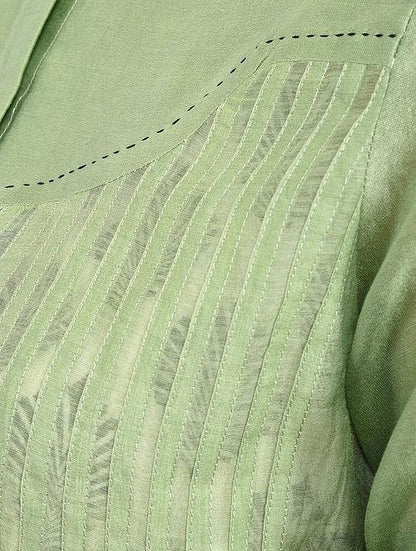 Green pin tuck shirt Top The Neem Tree Sonal Kabra Buy Shop online premium luxury fashion clothing natural fabrics sustainable organic hand made handcrafted artisans craftsmen