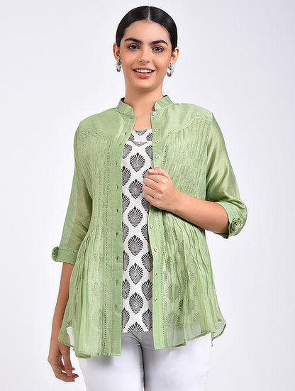 Green pin tuck shirt Top The Neem Tree Sonal Kabra Buy Shop online premium luxury fashion clothing natural fabrics sustainable organic hand made handcrafted artisans craftsmen