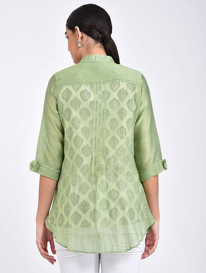 Green pin tuck shirt Top The Neem Tree Sonal Kabra Buy Shop online premium luxury fashion clothing natural fabrics sustainable organic hand made handcrafted artisans craftsmen